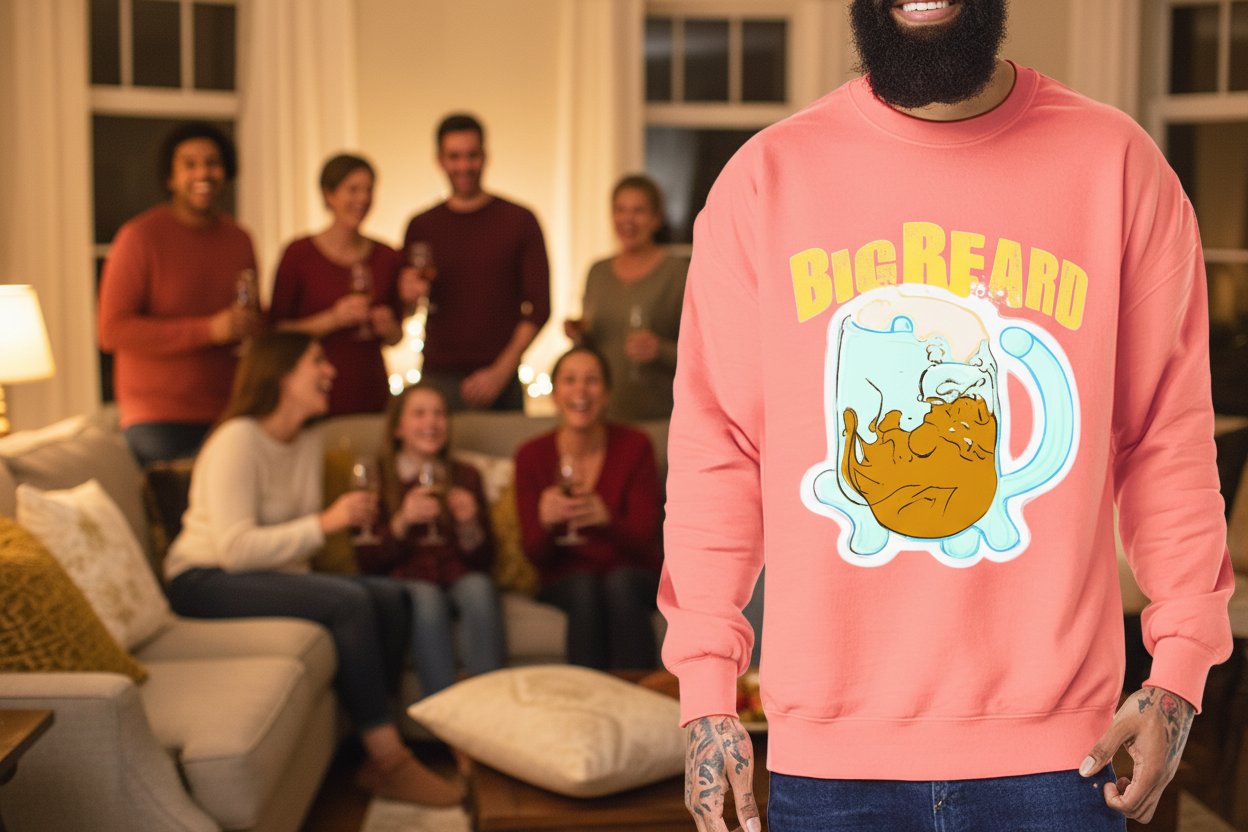 Two men wearing pink sweatshirts with a graphic design of a cat in a teacup and 'Big Beard' text.