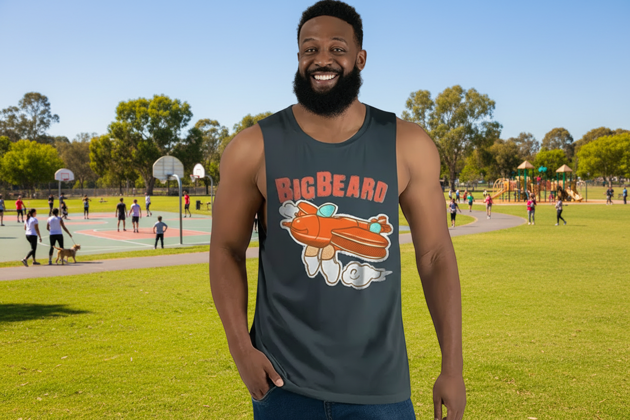 Man wearing a tank top with 'Big Beard' graphic design on a white background